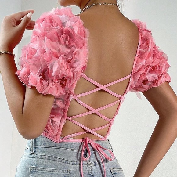 Pink Boho Womens Floral Appliques Sweetheart Neck Puff Sleeve Crop Top - Picture 4 of 5